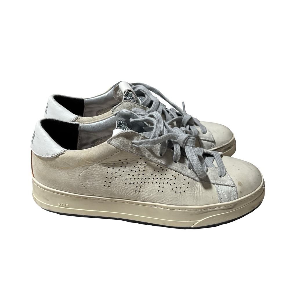 P448 JACK LEATHER LOW TOP LACE‎ UP SNEAKERS SILVER WHITE SUEDE PERFORATED EU 40